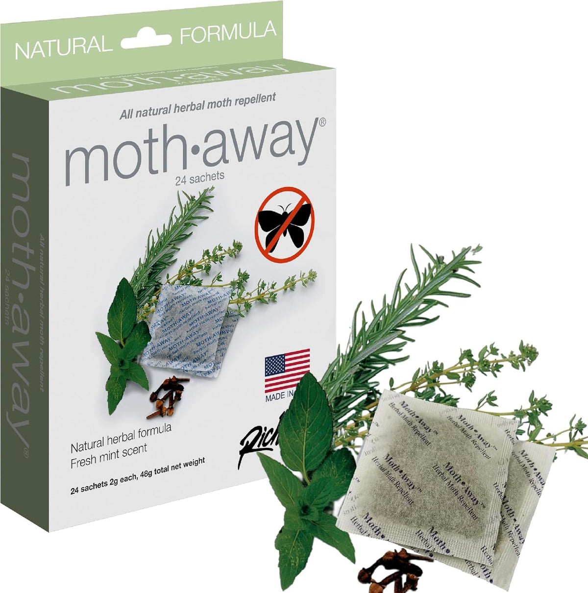 Richards Homewares Moth Away Sachets – 24-Pack Natural Herbal Moth Repellent, Non-Toxic &