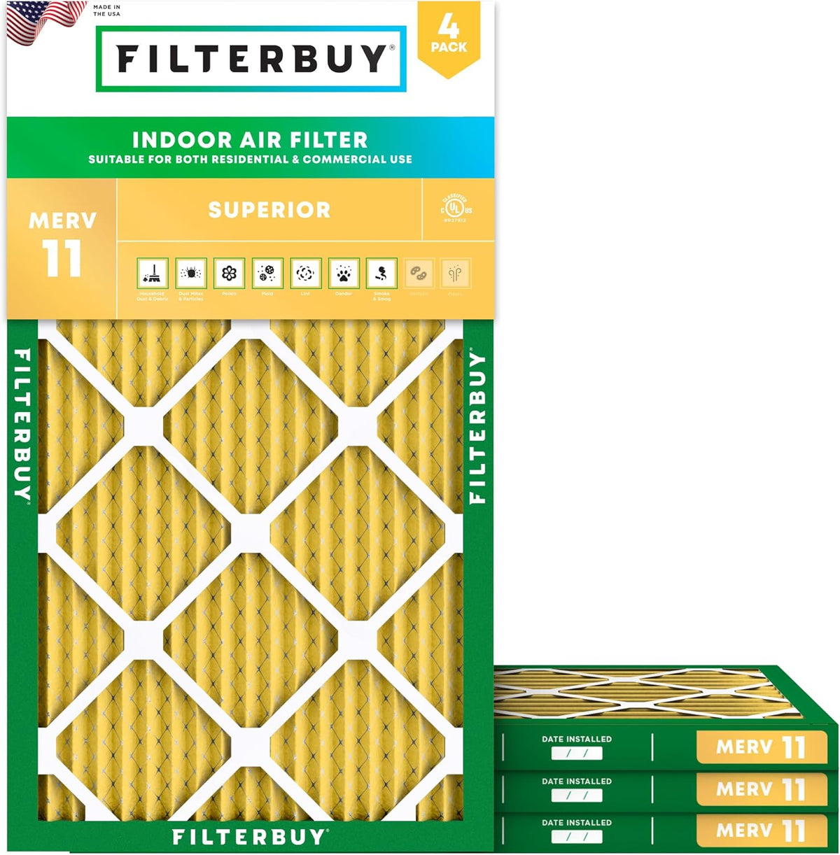 Filterbuy 17x25x1 Air Filter MERV 11 (MPR 1200) Allergen Defense Replacement (4-Pack)