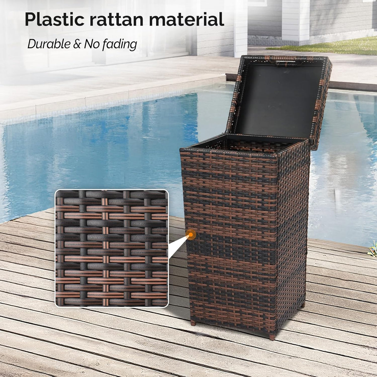 VINGLI Wicker Patio Trash Can, 27 Gallon Rattan Trash Can with Removable Lid, Outdoor Wicker Waste