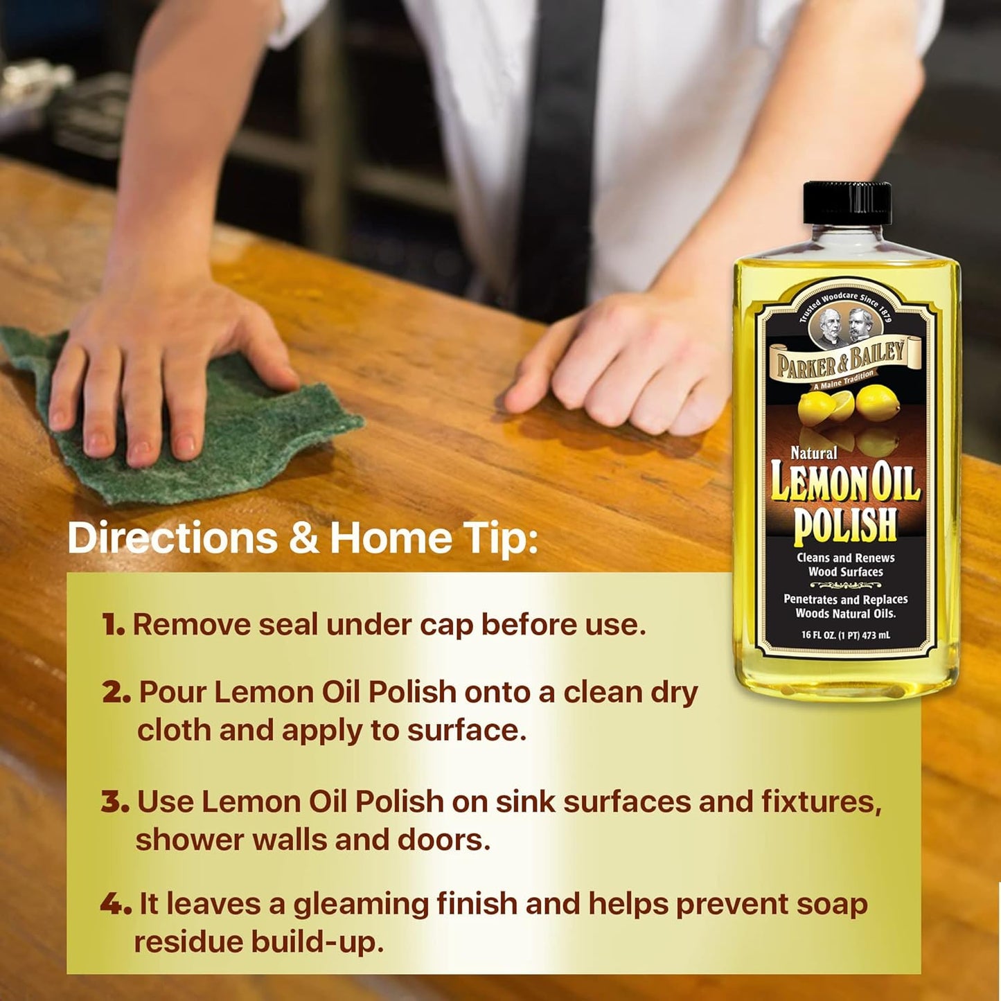 PARKER & BAILEY LEMON OIL POLISH - Natural Lemon Scented Wood Cleaner & Furniture Polish, Cleans
