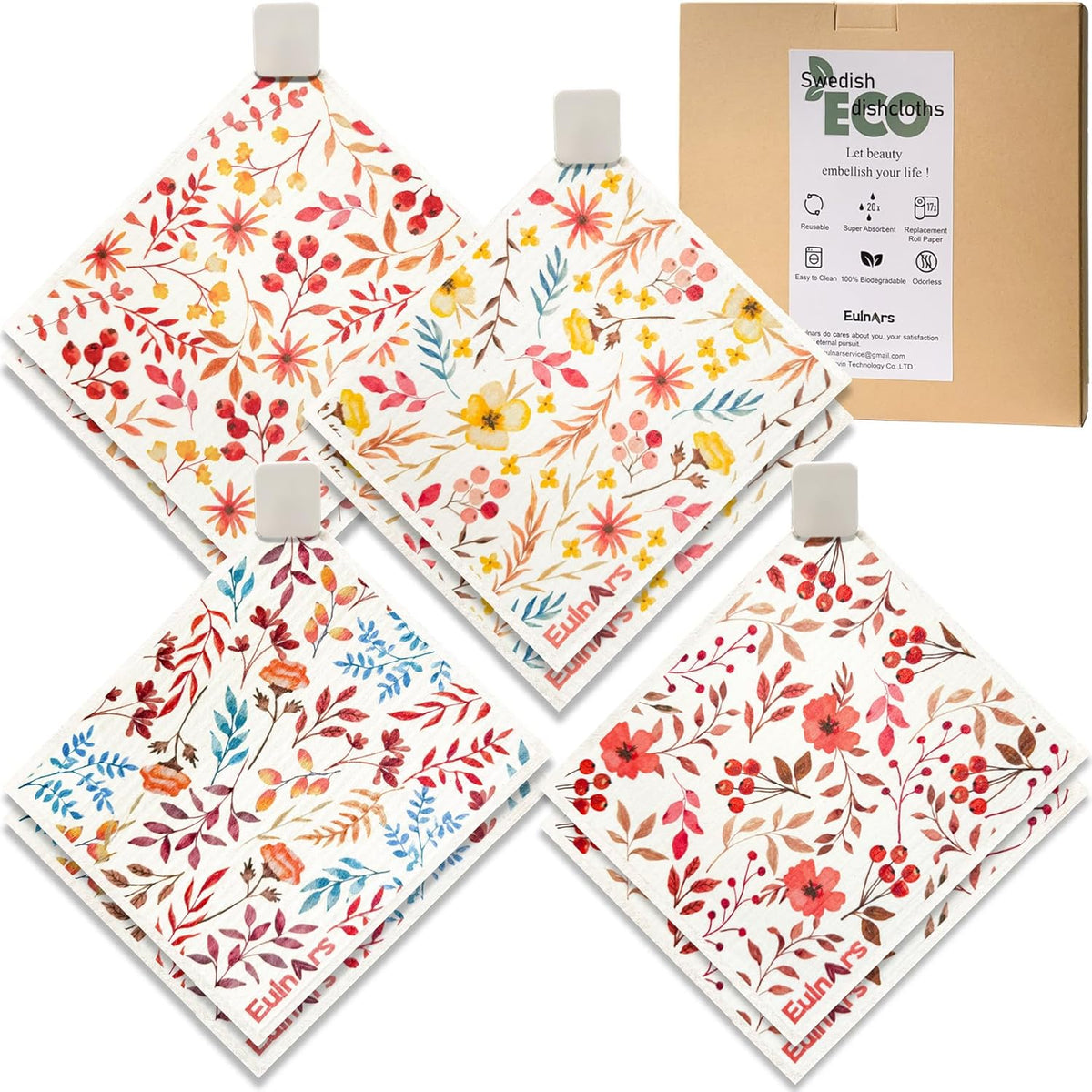 Swedish Dishcloths for Kitchen, 8 Pack Watercolor Reusable Paper Towels with Clips, Non-Scratch