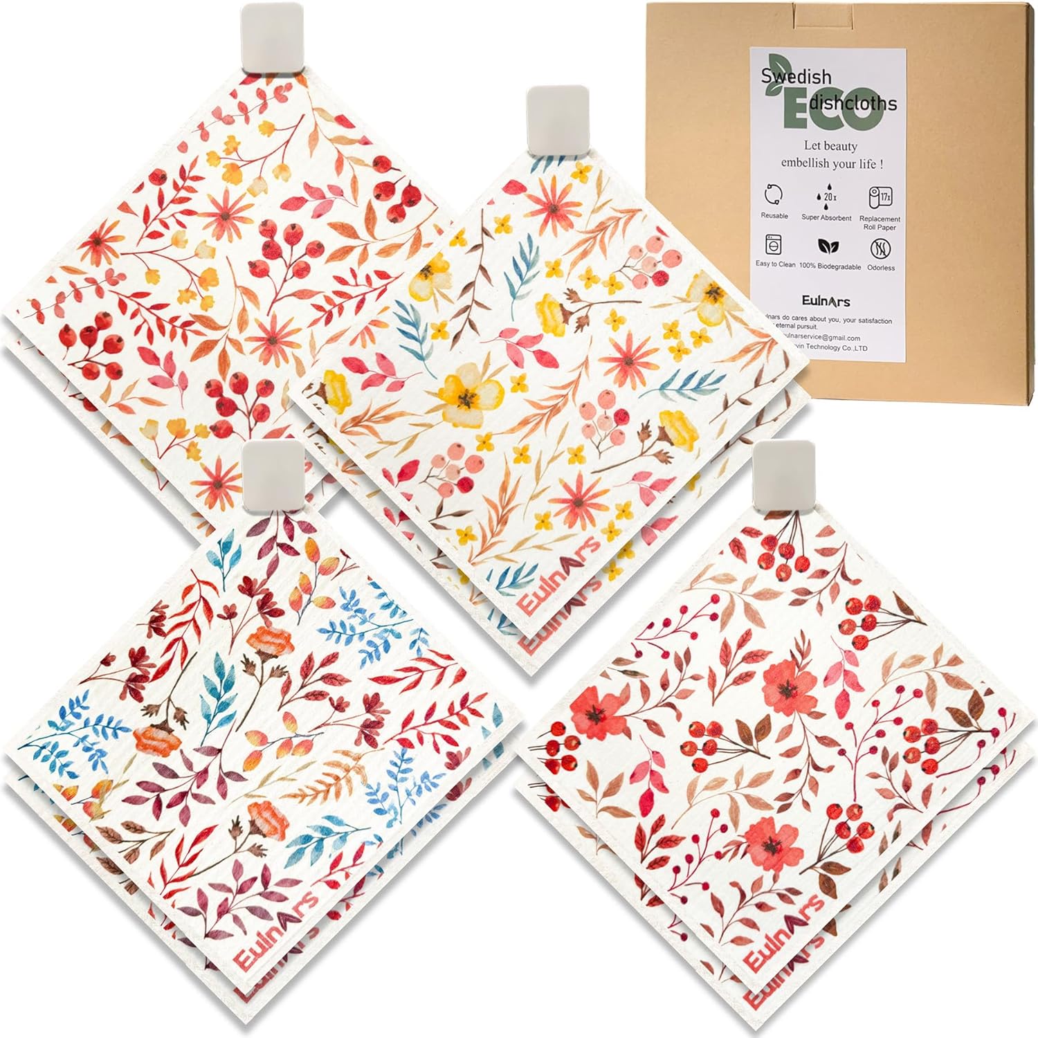 Swedish Dishcloths for Kitchen, 8 Pack Watercolor Reusable Paper Towels with Clips, Non-Scratch