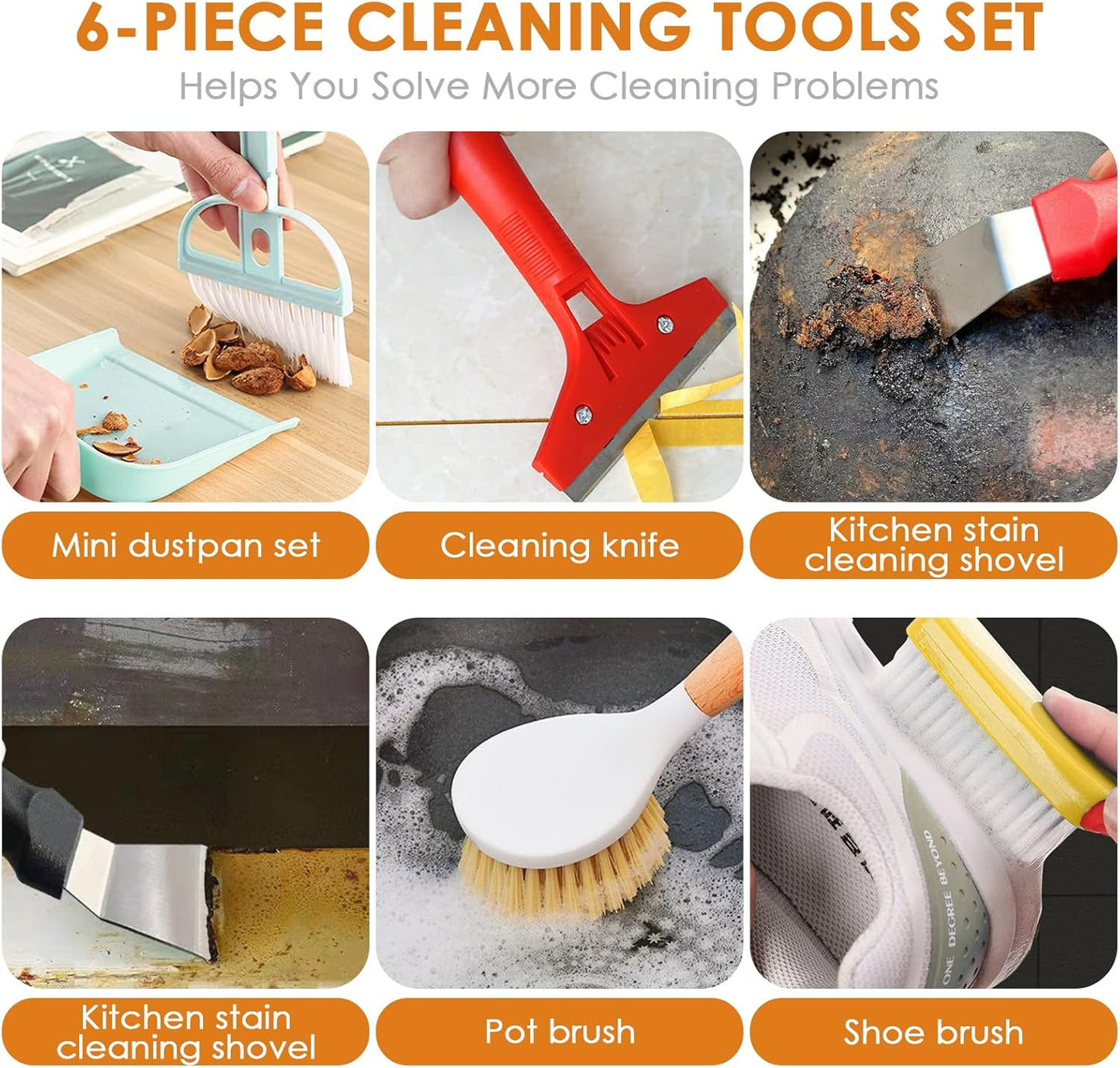 Broom and Dustpan Set with Long Handle and 6 Bonus Cleaning Tools, Upright Standing Combo with