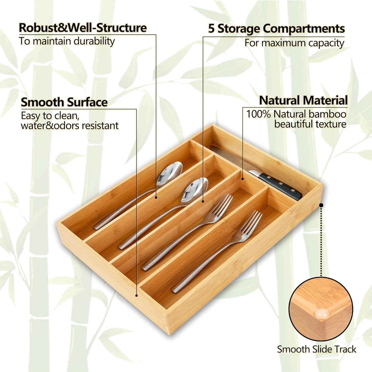 Silverware Organizer, 2 Pack 10 Inch Utensil Organizer Kitchen Drawer Organizer Bamboo Silverware