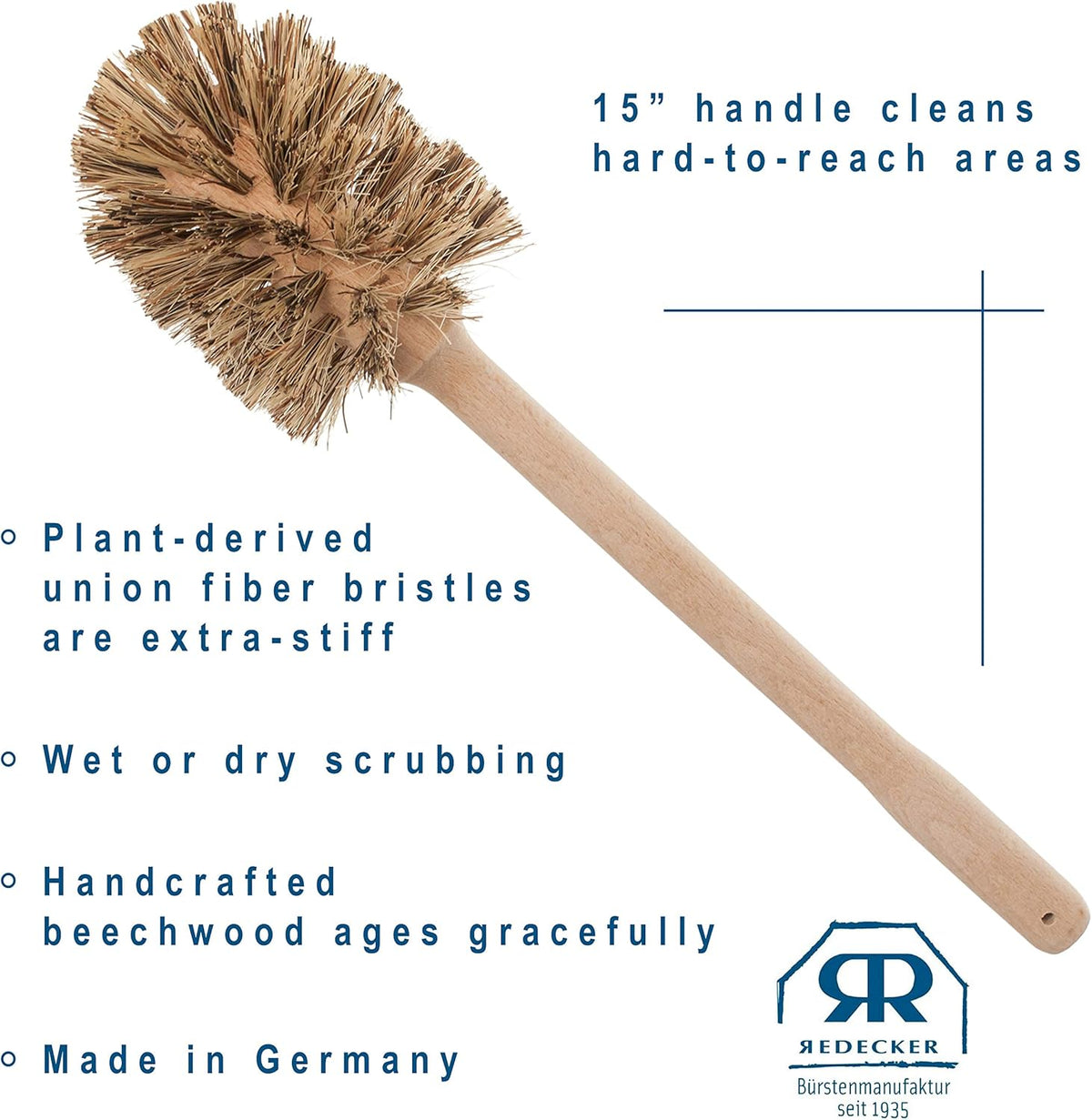 REDECKER Union Fiber Toilet Brush with Untreated Beechwood Handle - Natural Stiff Bristles, 15"