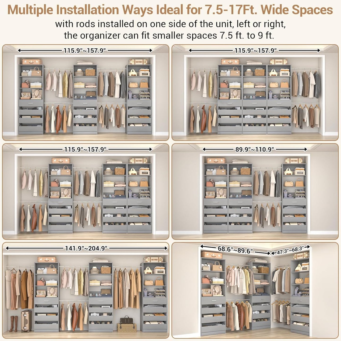 Aheaplus Closet System with 12 Drawers, 8.5-11.5Ft Wood Closet Organizer System with 4 Hanging Rods