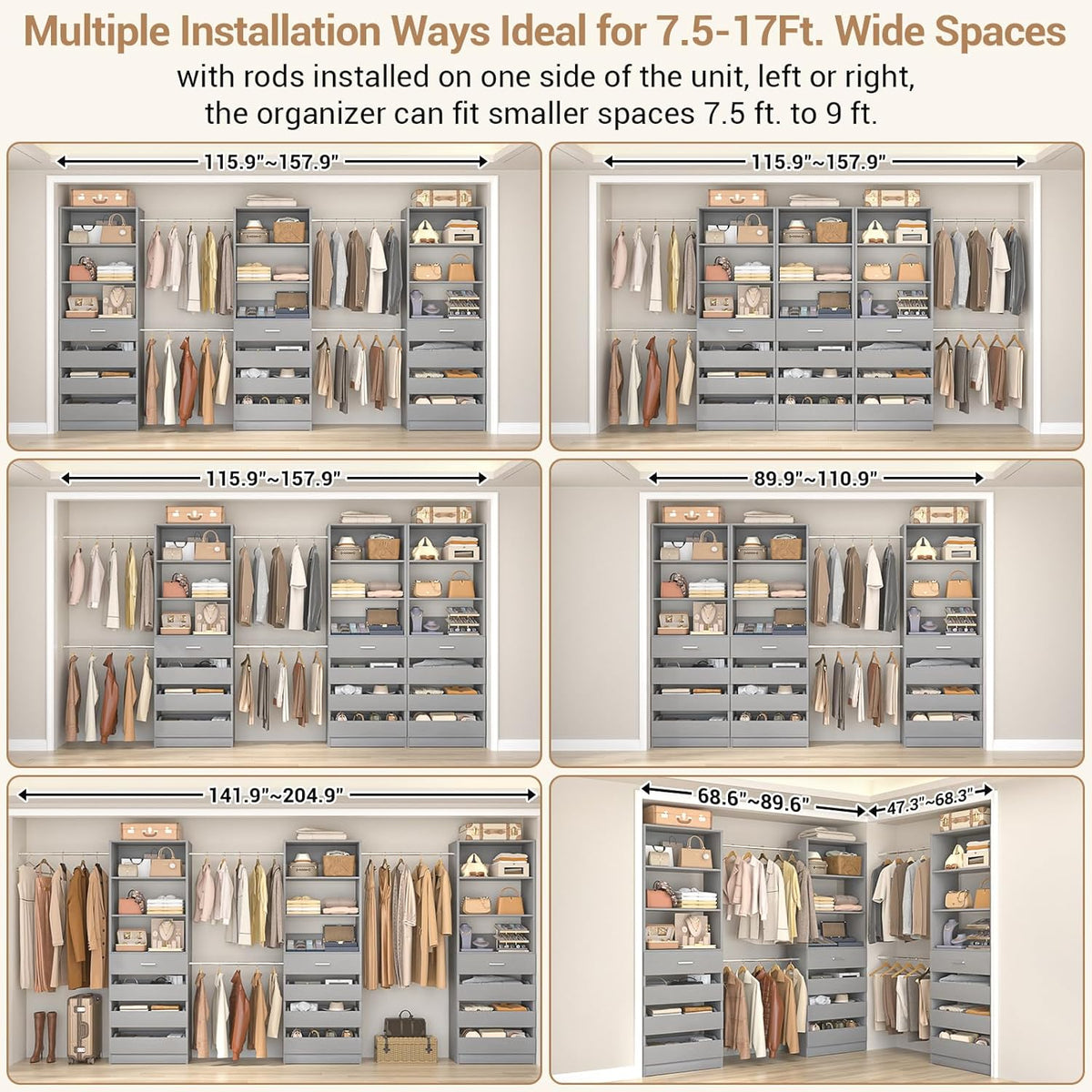 Aheaplus Closet System with 12 Drawers, 8.5-11.5Ft Wood Closet Organizer System with 4 Hanging Rods