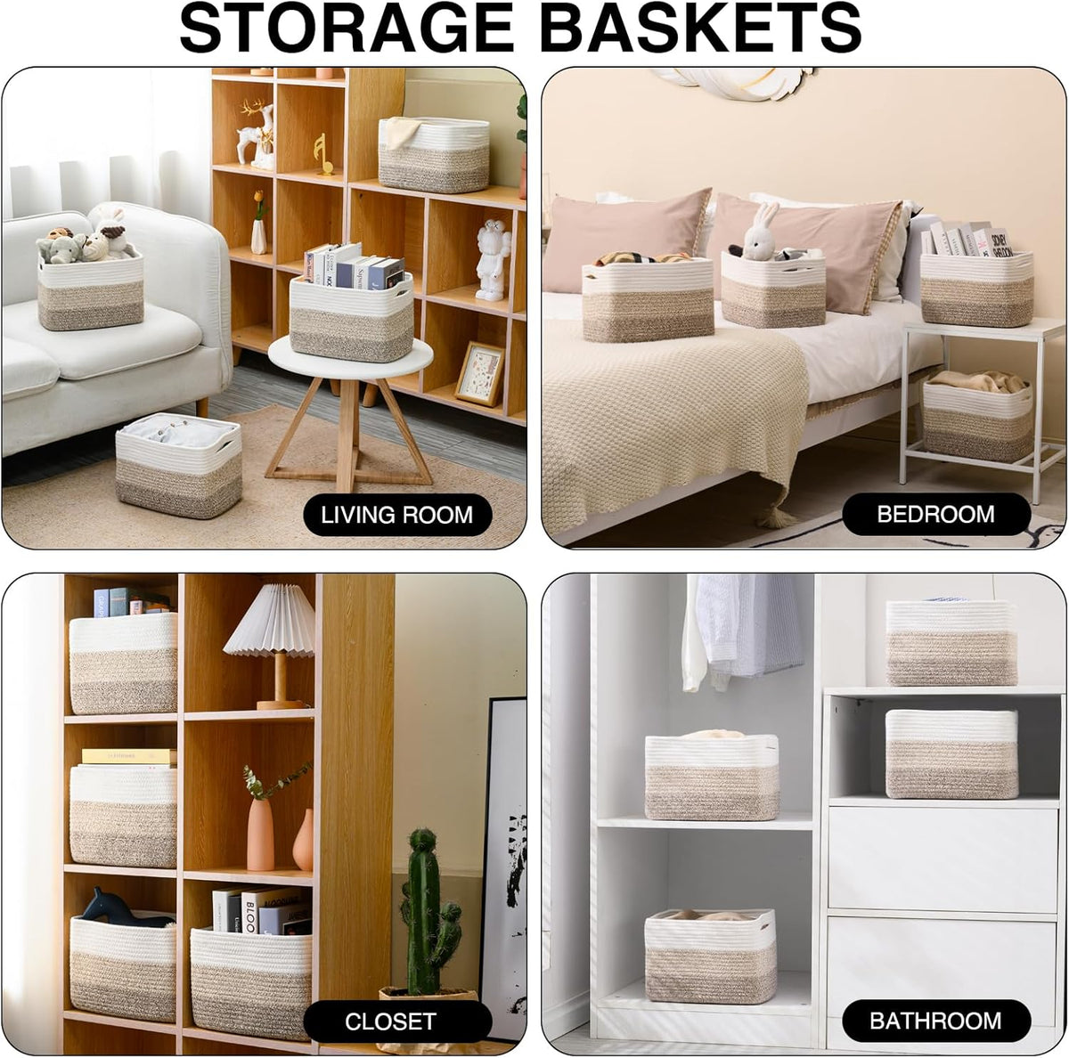 Shelf Baskets for Organizing, Storage Baskets for Shelves, Woven Baskets for Storage, Cotton Rope