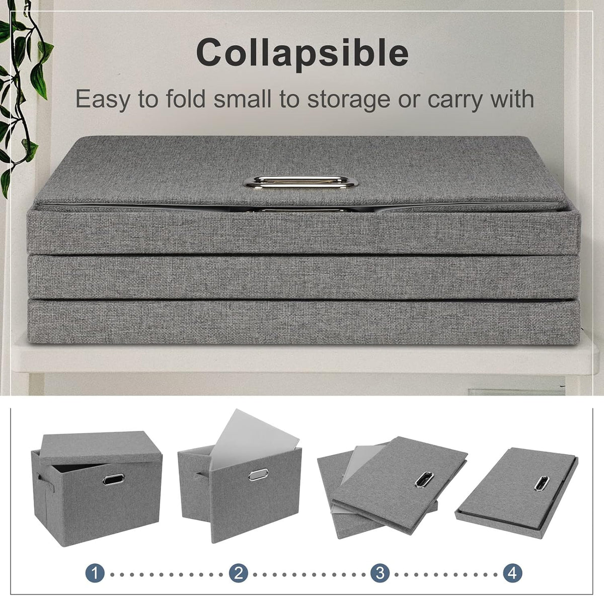 Large 17" 36 Quart Collapsible Stackable Storage Bins with Lids, 1 Pack Grey Foldable Fabric Closet