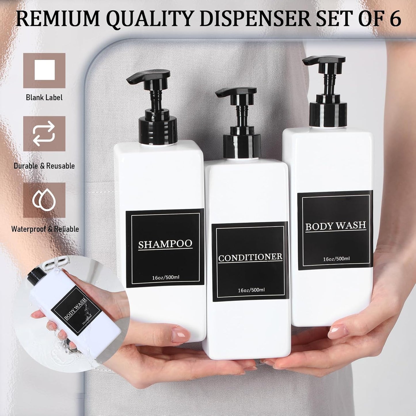 Tanlade 6 Pcs Shampoo and Conditioner Dispenser Bottles 16oz Modern Shower Soap Bottles with Pump