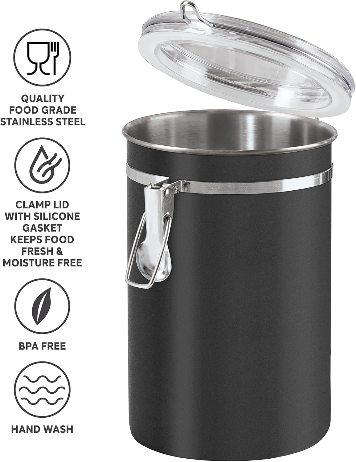 Oggi Stainless Steel Kitchen Canister 62 fl oz, Black - Airtight Clamp Lid, Clear See-Thru Top