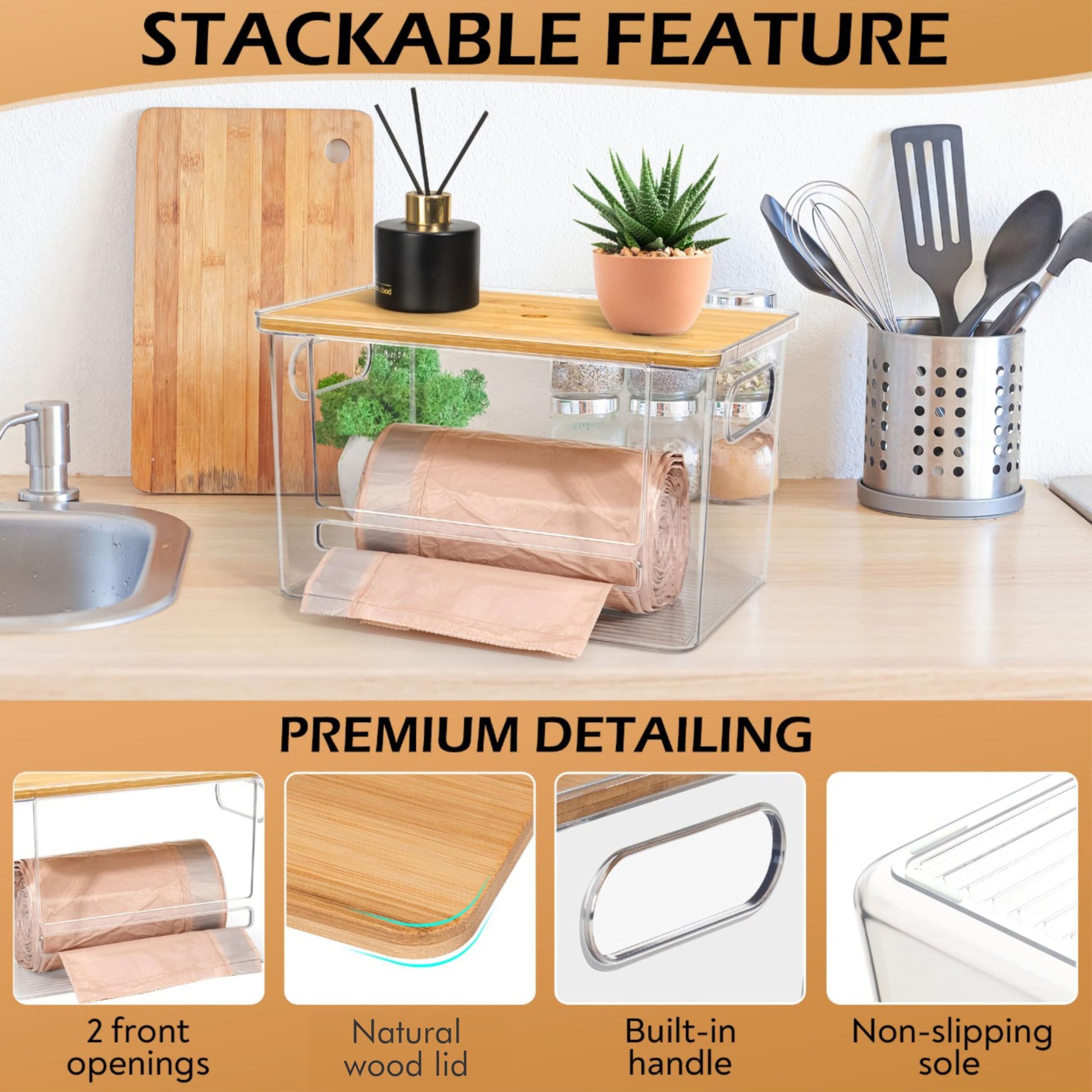 Stackable Trash Bag Dispenser with Wooden Top for Holding 13 to 33 Gallon Large Bag Sizes – Medium