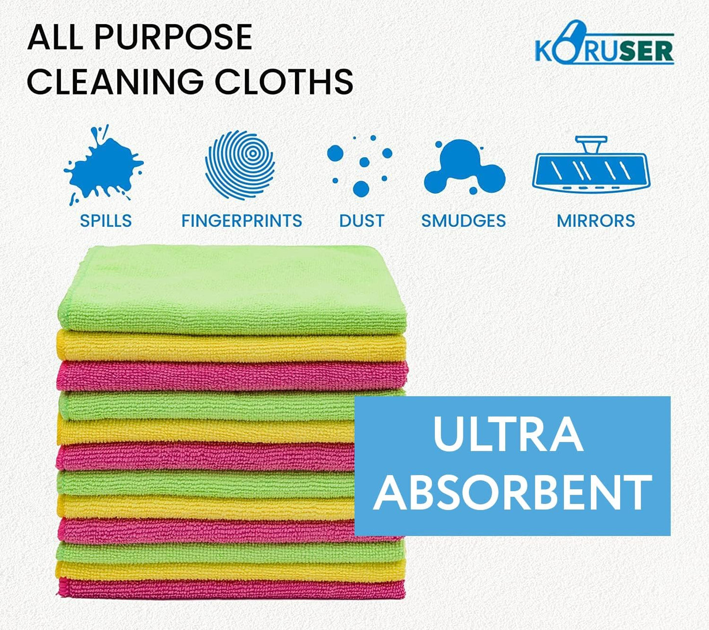 Microfiber Cleaning Cloths - Pack of 12 (16'' x 16'') - Reusable and Washable - All Purpose Towels