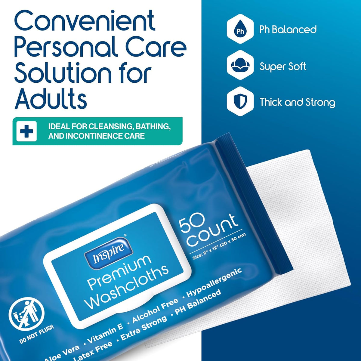 Inspire Adult Wet Wipes, Wash Cloths | Adult Wipes for Incontinence & Cleansing for Elderly, 8"x12"