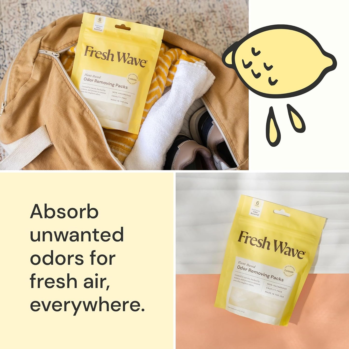 Fresh Wave Lemon Odor Eliminating & Deodorizing Packs | Bag of 6 | Safer Odor Relief for Small