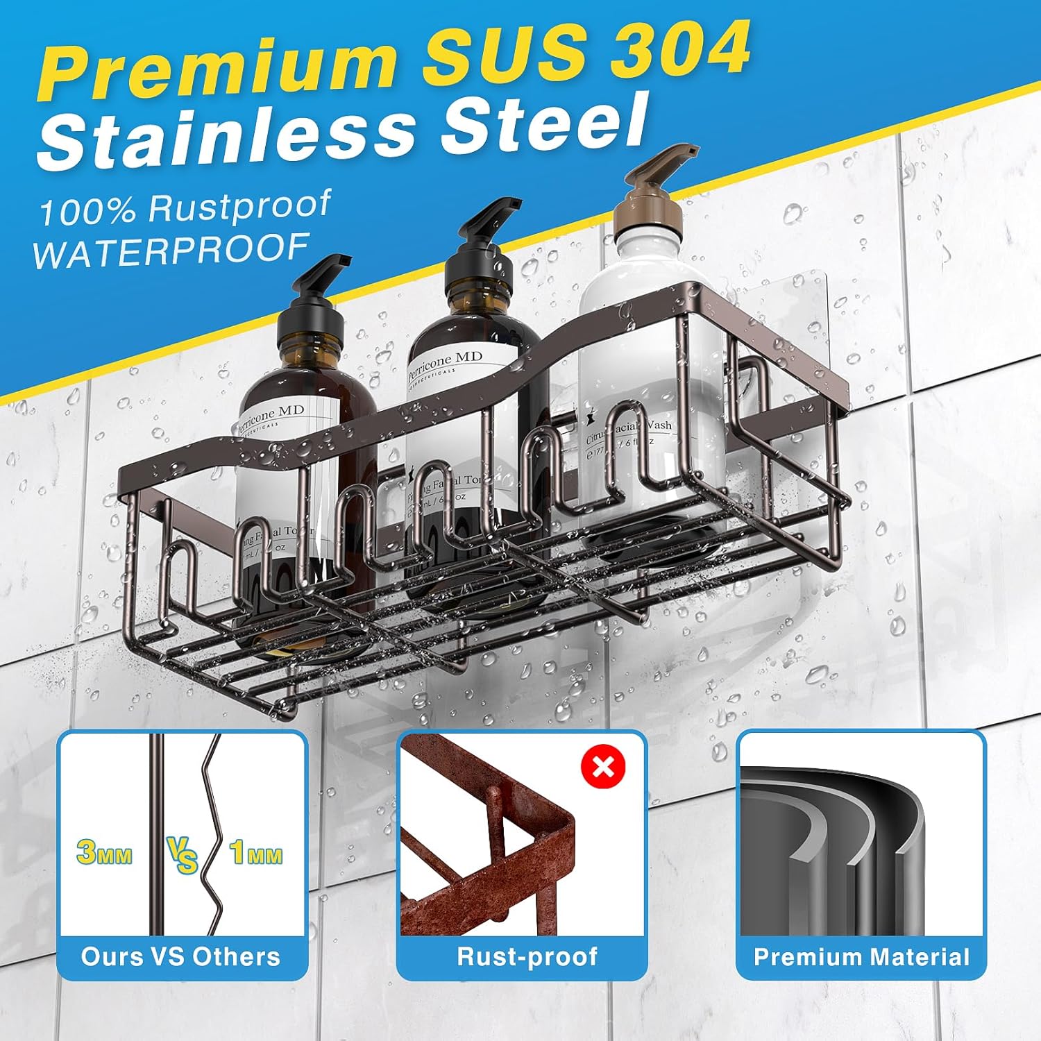 EUDELE 5-Pack Rustproof Stainless Steel Shower Caddy – No Drill Adhesive Bathroom Organizer with