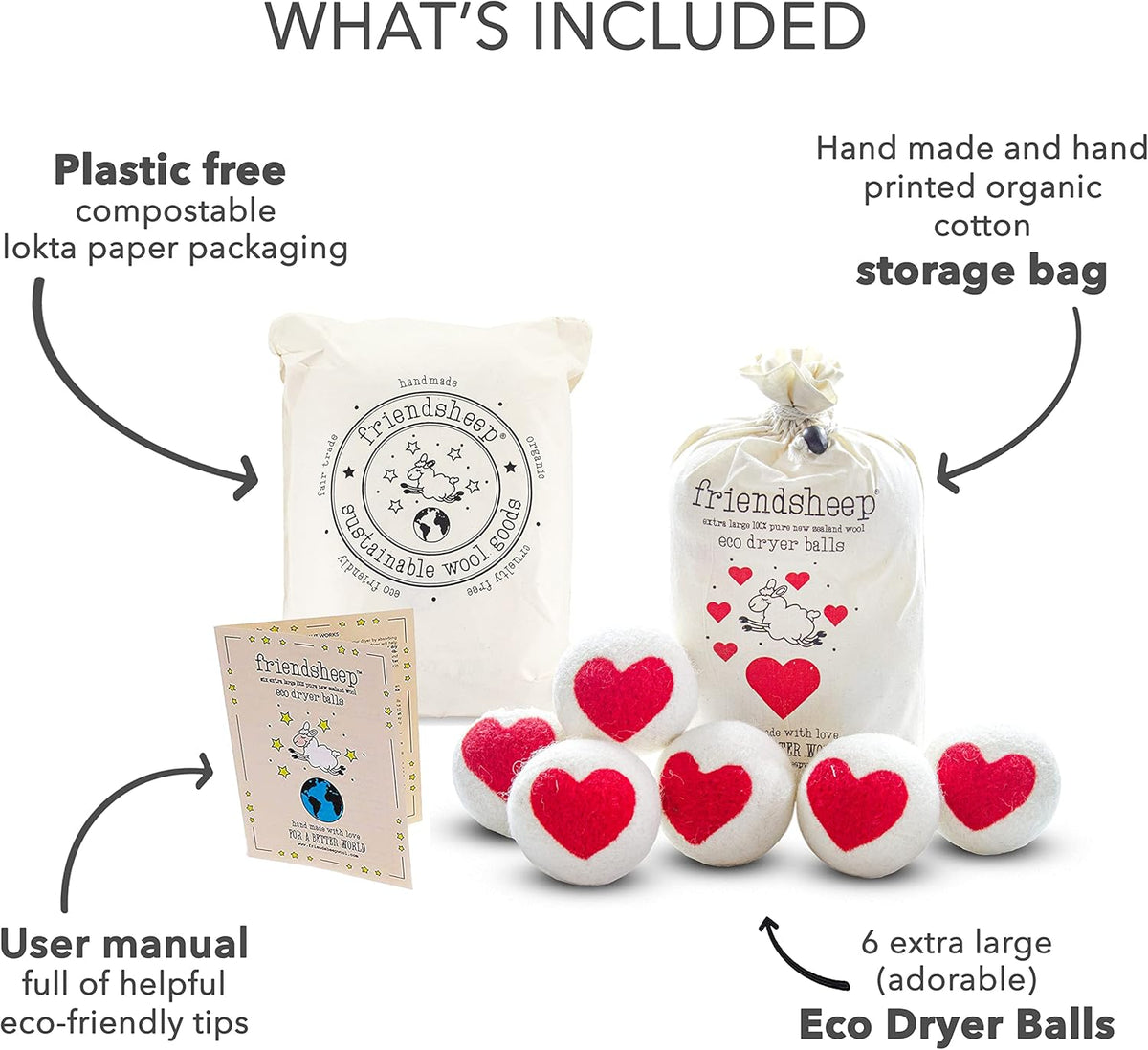 Friendsheep Wool Dryer Balls Red Heart 6 Pack XL Organic Premium Reusable Cruelty Free Handmade