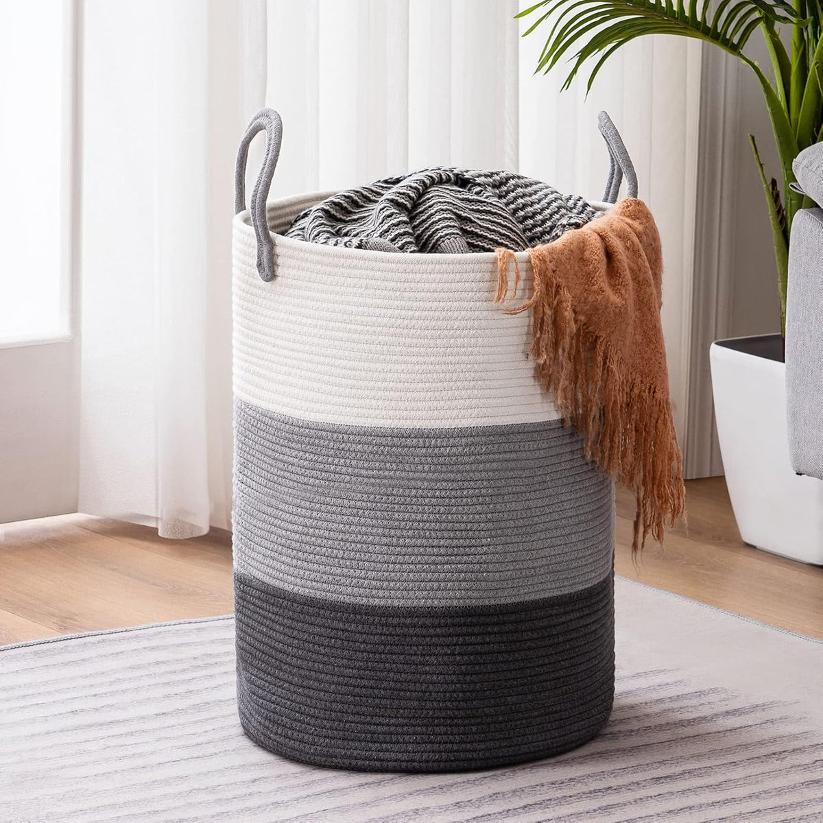 YOUDENOVA Woven Rope Laundry Hamper Basket, 58L Tall Luandry Basket, Baby Nursery Hamper for