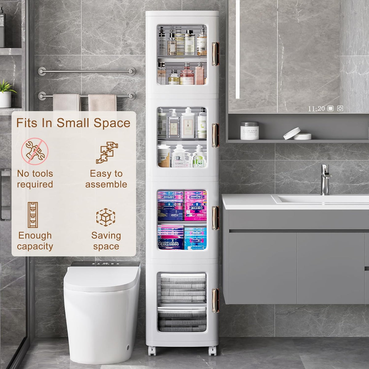 VECELO 4-Tier Tall Narrow Storage Cabinet with Movable Wheels, Adjustable Shelves, Anti-Tip, Slim