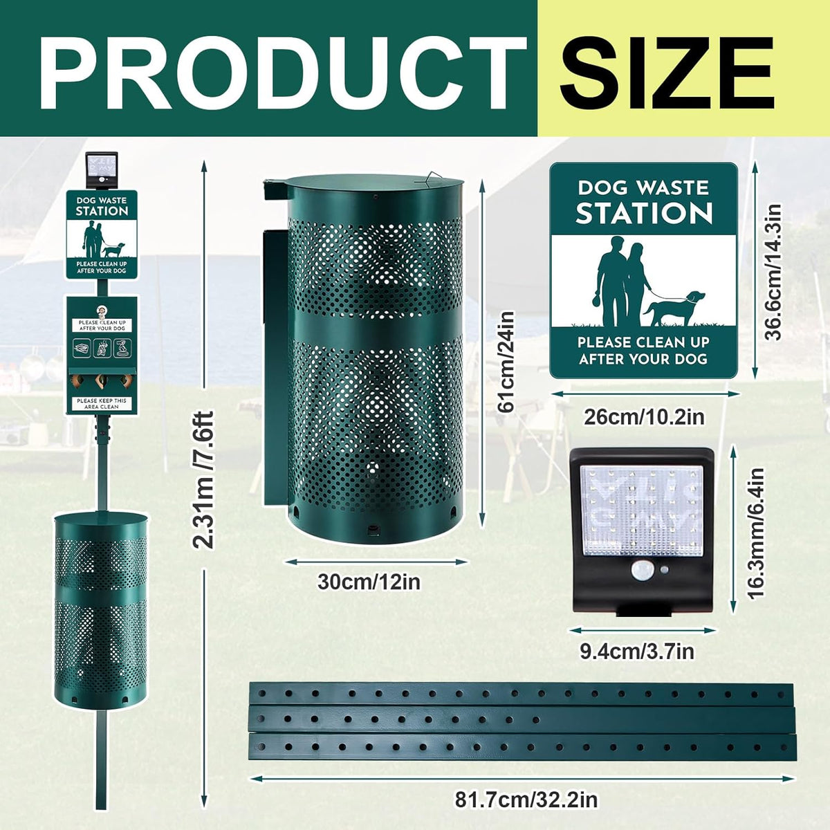 Dog Waste Station with Solar Panels Outdoor LED Galvanized Steel Dog Trash Bin with Poop Bag
