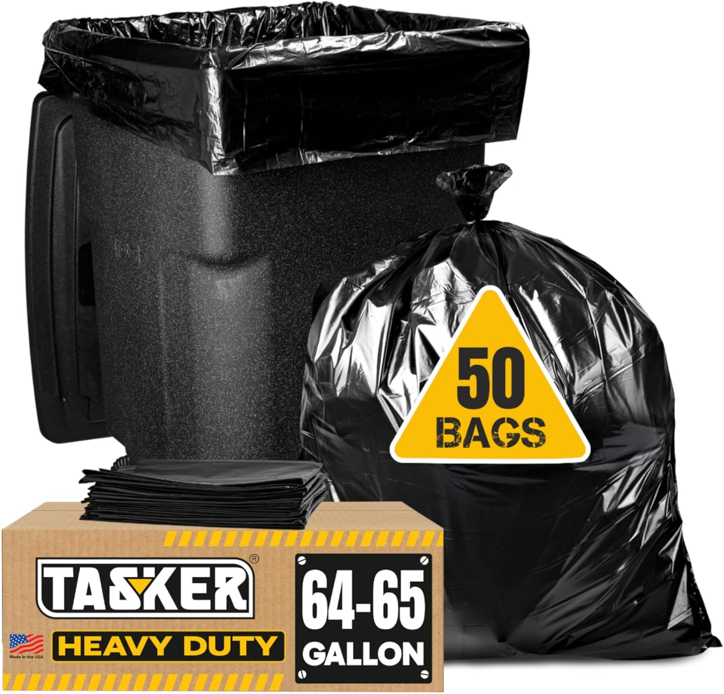 Tasker 65 Gallon Trash Bags Heavy Duty | 50 Count with Ties | Extra Large 64 Gallon Trash Bags for
