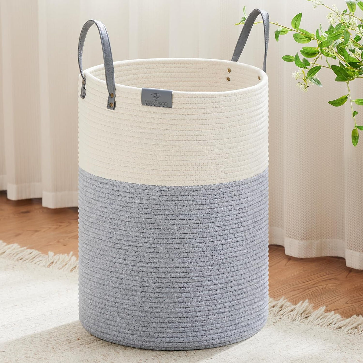 VIPOSCO Tall Laundry Basket, Large Dirty Clothes Hamper with Leather Handle, Woven Rope Storage