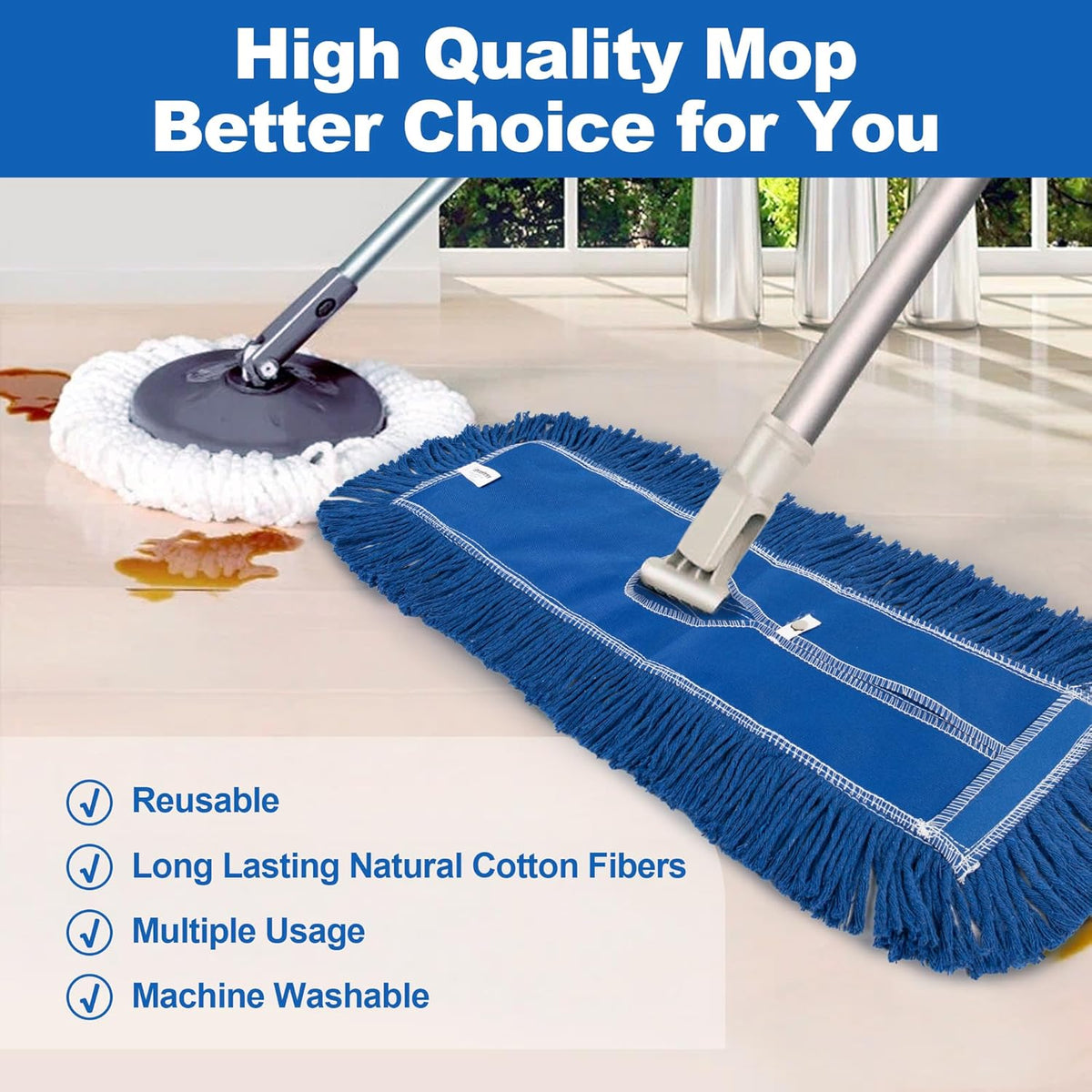 4 Pack - 24-Inch Washable Dust Mop Heads – Full Cloth, Extra Durable, Easy Button - No Clinging to