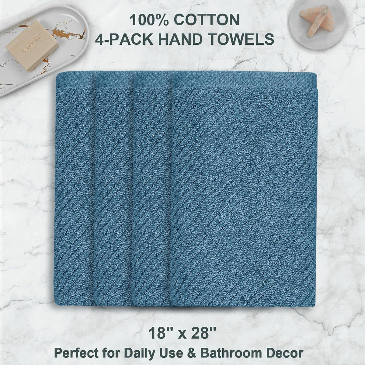 VOOVA & MOVAS Hand Towels for Bathroom Set of 4, Large 18" x 28", 100% Cotton | Lightweight | Thick
