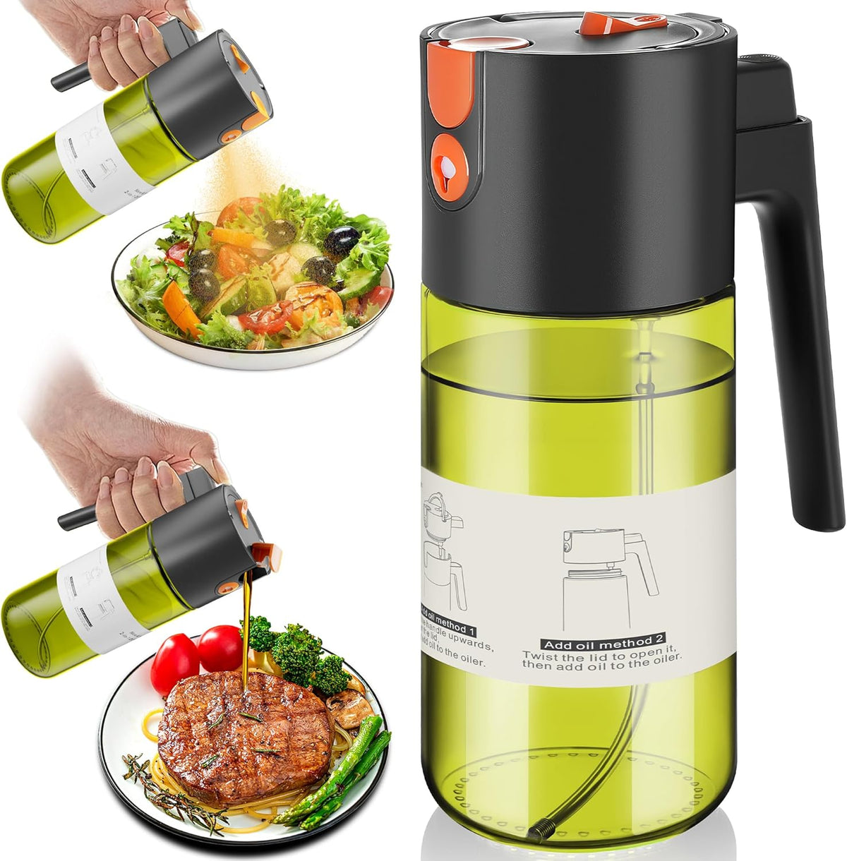 Upgrade 2 in 1 Oil Sprayer for Cooking, 17oz Light-Blocking Glass Olive Oil Dispenser Bottle for