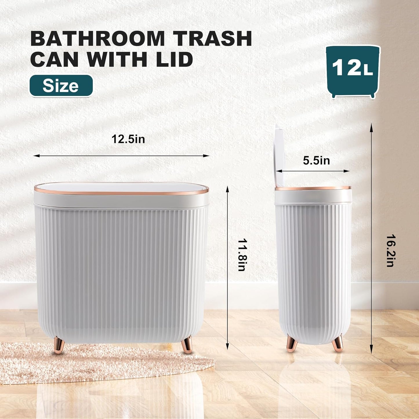 Bathroom Trash Can with Lid 3.2 Gallon Narrow Trash Can Small Plastic Trash Bin 12 Liter