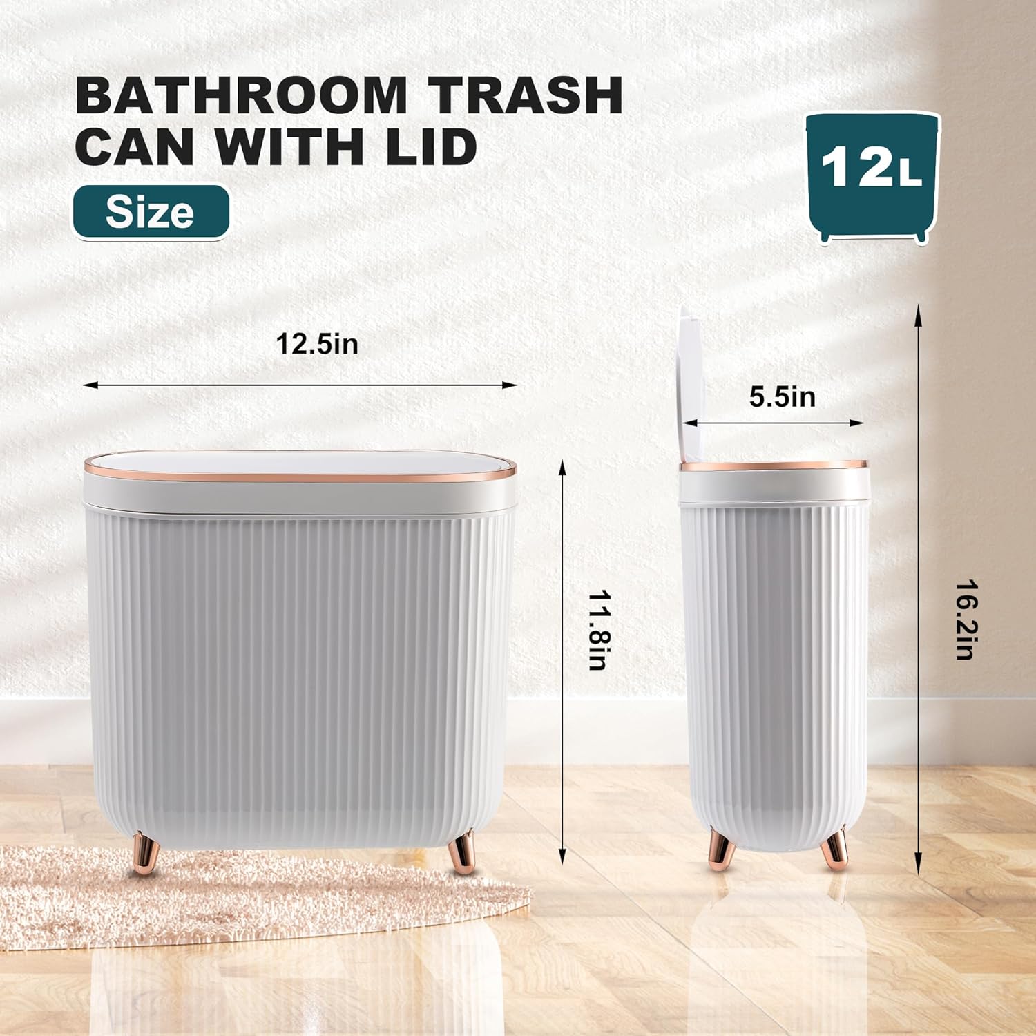 Bathroom Trash Can with Lid 3.2 Gallon Narrow Trash Can Small Plastic Trash Bin 12 Liter