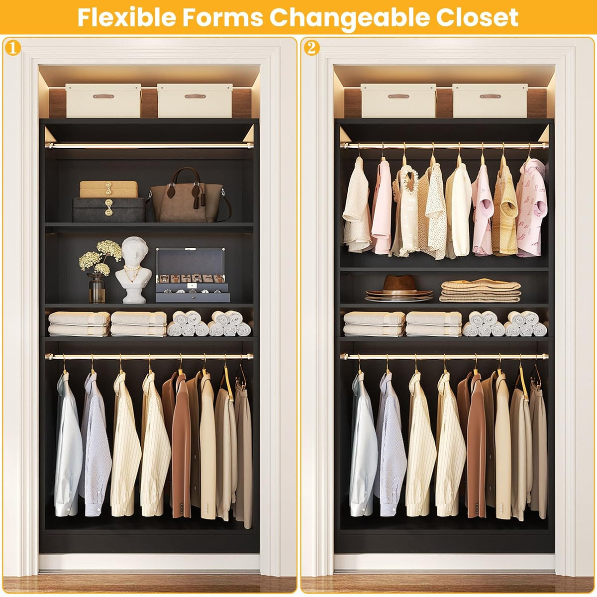 Unikito 3FT Freestanding Closet System with 2 Hanging Rods & Adjustable Shelve, 36'' Wood Closet