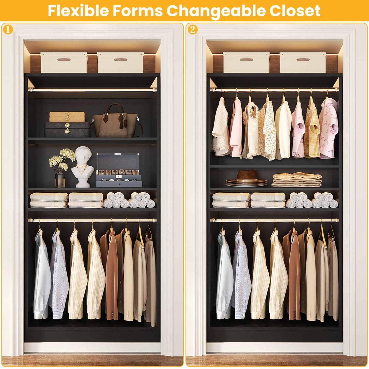 Unikito 3FT Freestanding Closet System with 2 Hanging Rods & Adjustable Shelve, 36'' Wood Closet