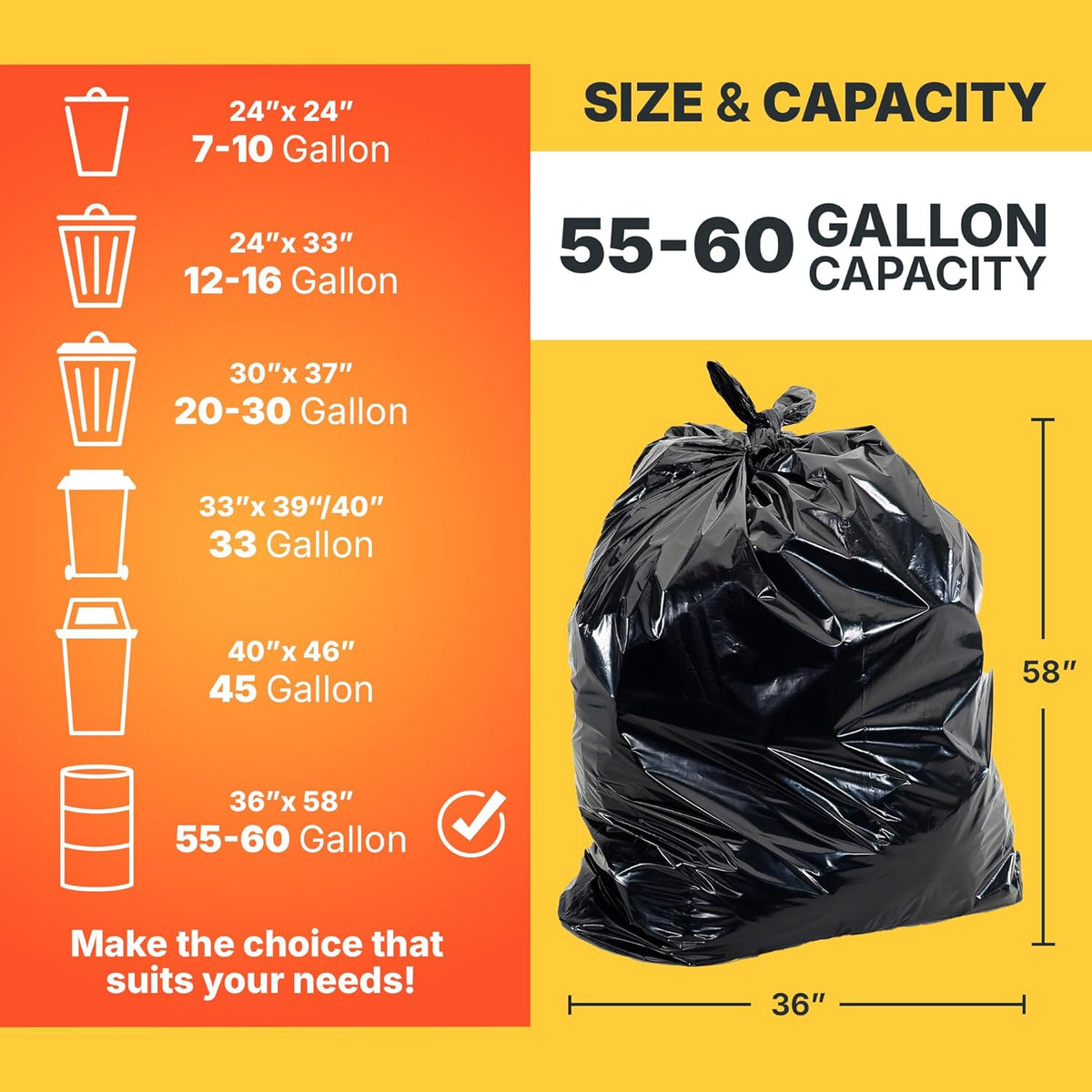 55-60 Gallon Trash Bags, 30 Micron Heavy Duty Pure LDPE Garbage Can Liners, 36" x 58" Large, Black