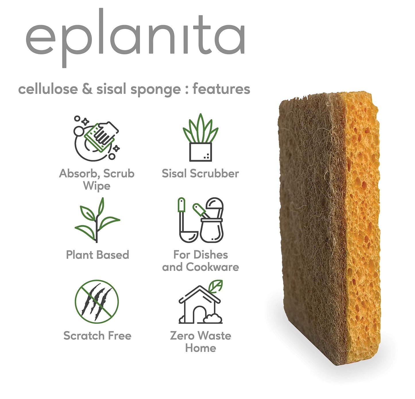 eplanita Natural Plant Based Scrub Sponges (6 Pack), Non-Scratch, Biodegradable Eco Scourers for