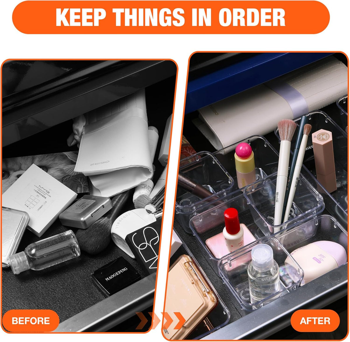ValueMax 9 PCS Clear Plastic Drawer Organizers Set with Non-Slip Pads, 3 Sizes Desk Drawer