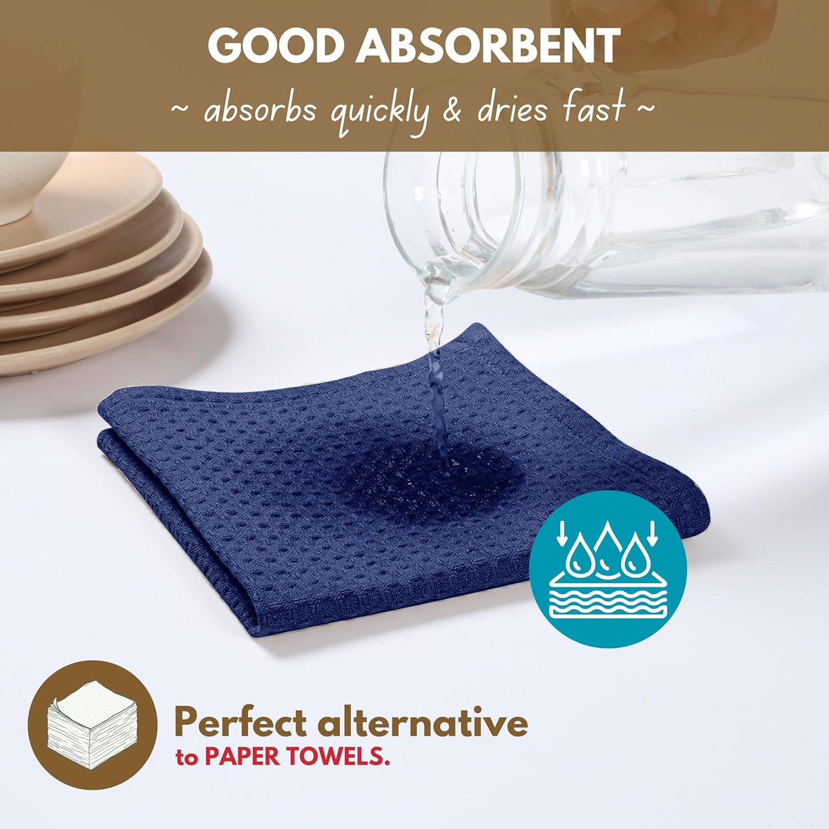Native Fab Waffle Kitchen Towels 4 Pack - Super Absorbent 100% Cotton Dish Towel for Cleaning