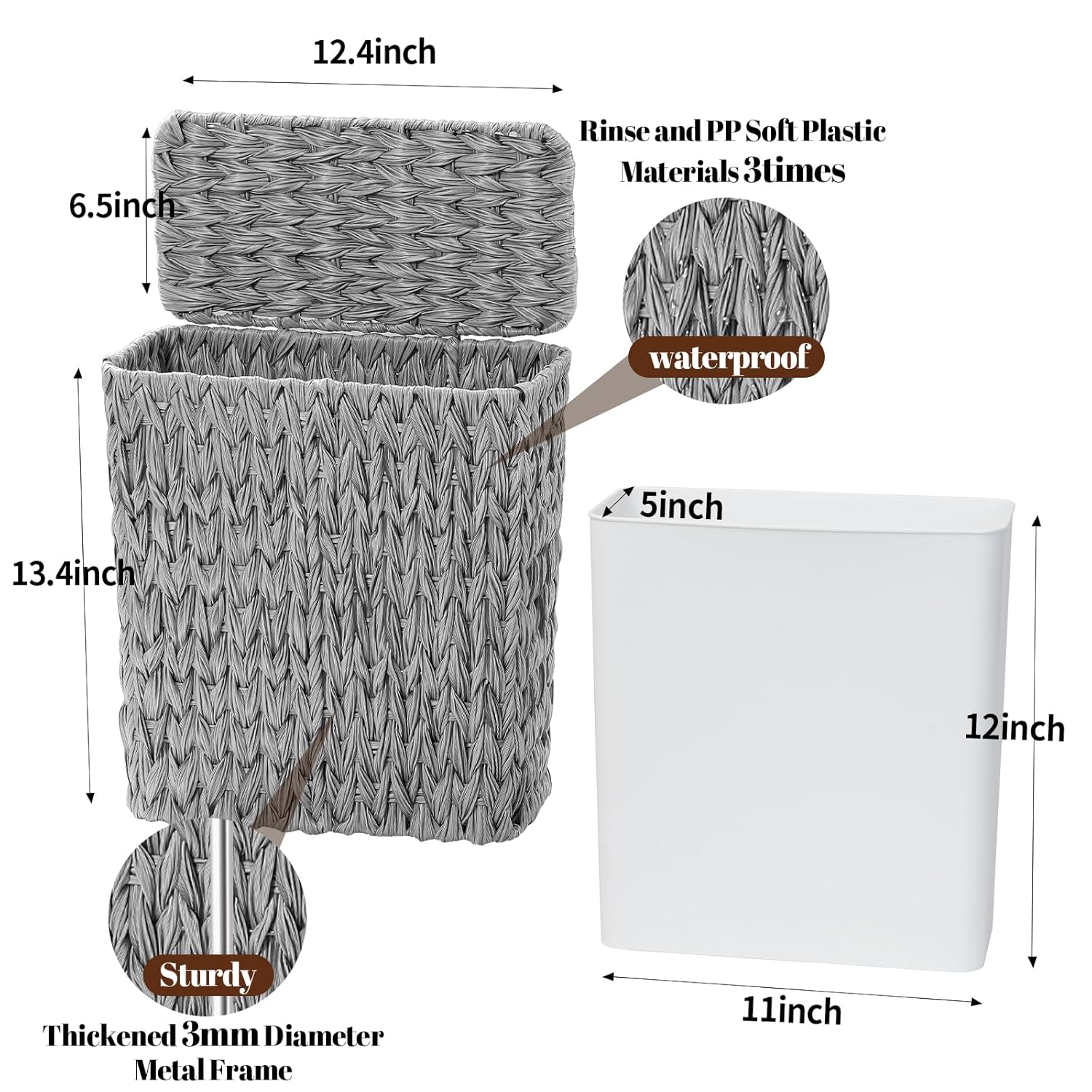 3 Gallon Wicker Trash Can,Grey Bathroom Trash Cans with Lid,Waterproof Slim Waste Basket for