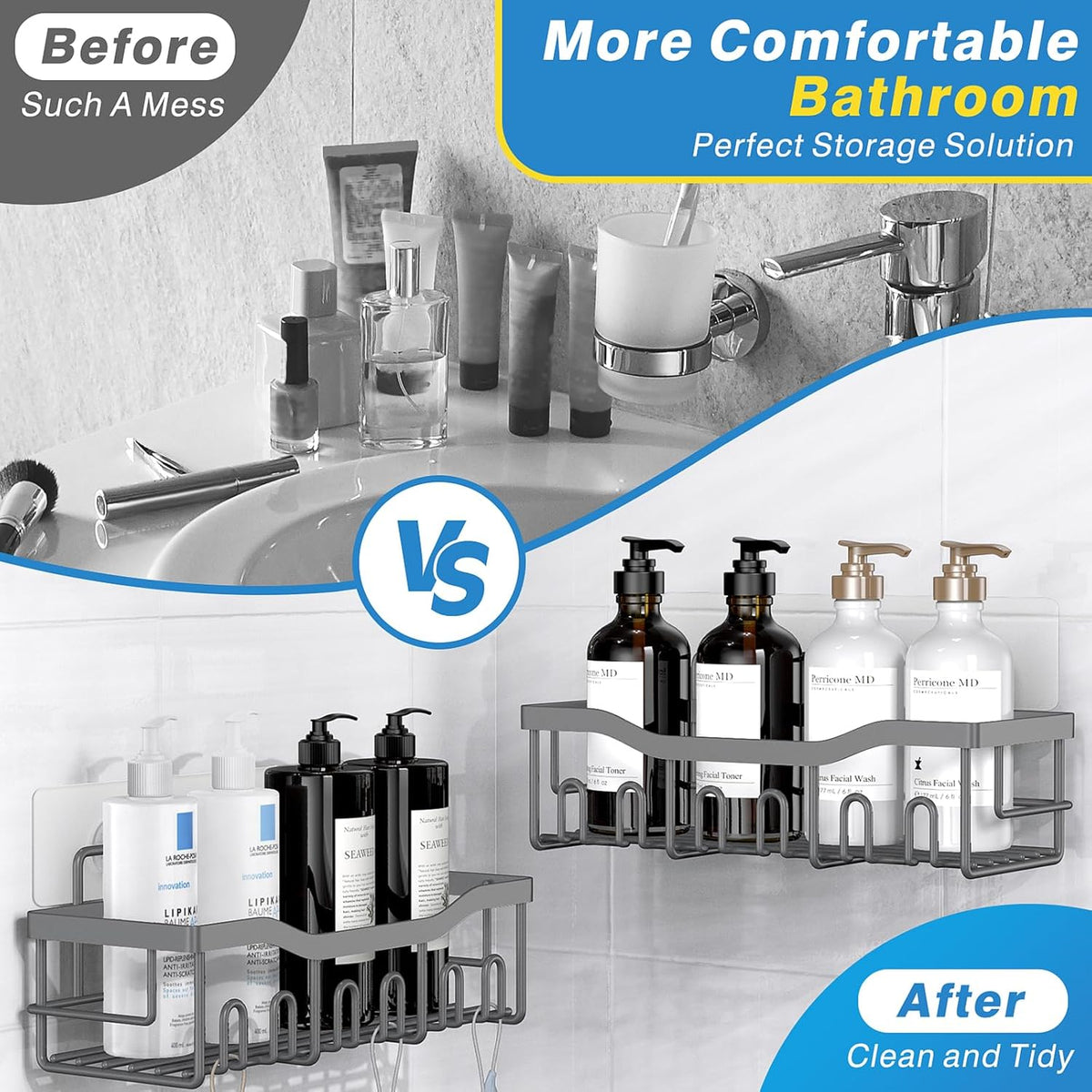 EUDELE 5-Pack Rustproof Stainless Steel Shower Caddy – No Drill Adhesive Bathroom Organizer with
