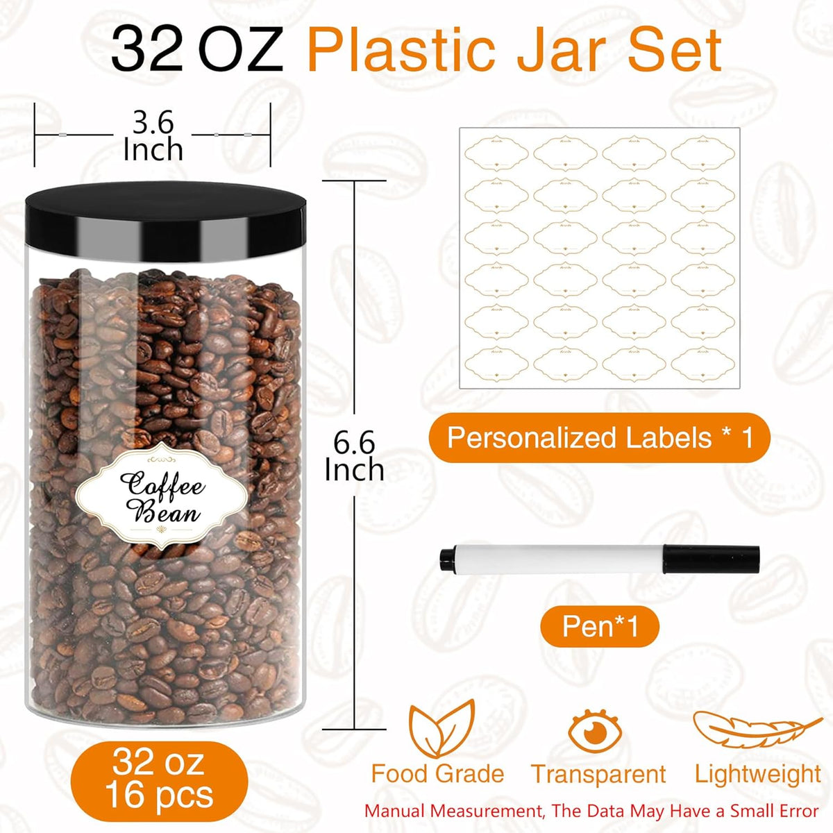 Plastic Jars with Lids, 16 Pcs 32 OZ Large Plastic Storage Jars with Black Leakproof Lids Cylinder