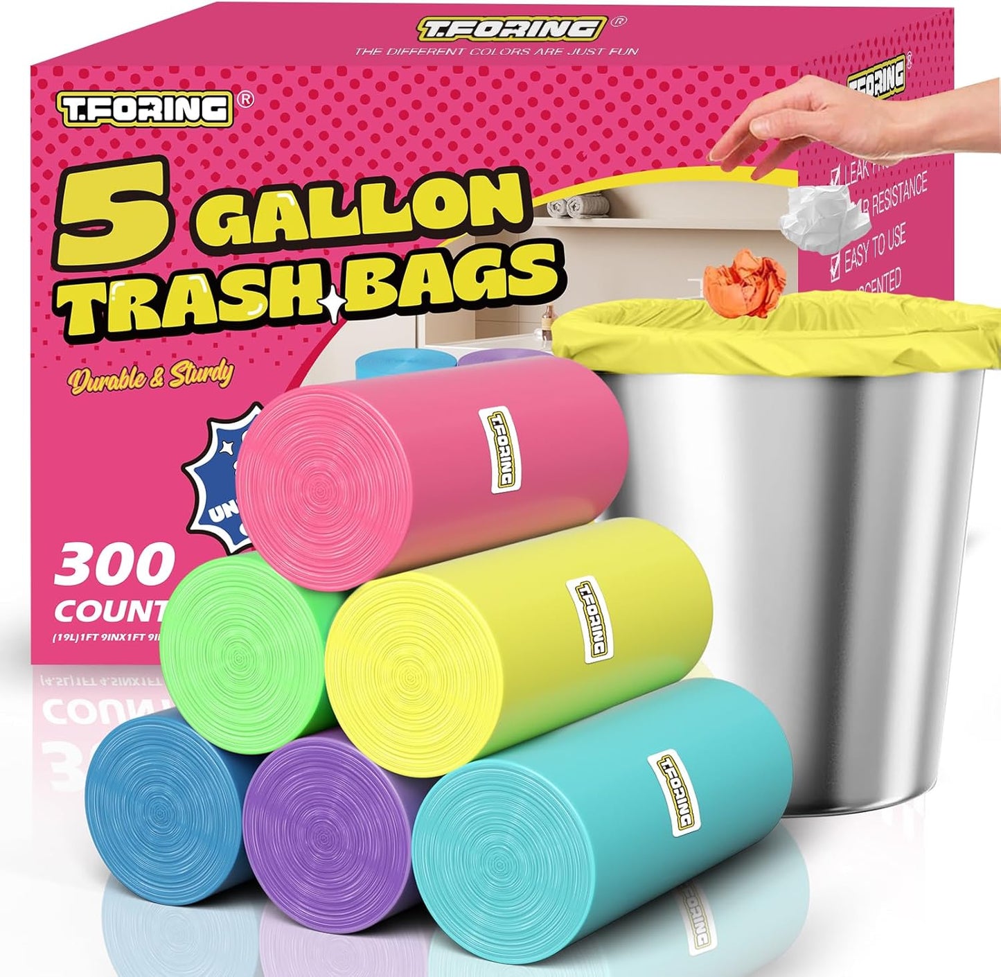 300 Count 5 Gallon Trash Bags - 18 Liter Colored Small Garbage Bags Unscented Wastebasket Liners