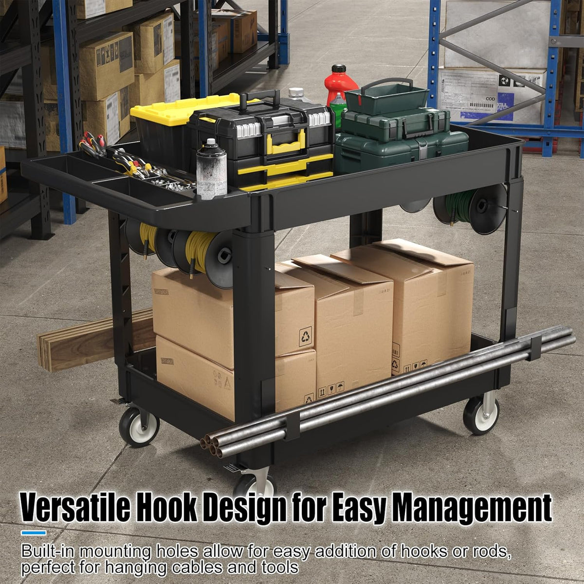 2 Tier Plastic Rolling Cart Utility Cart on Wheels, Heavy Duty Tool Carts with Ergonomic Storage
