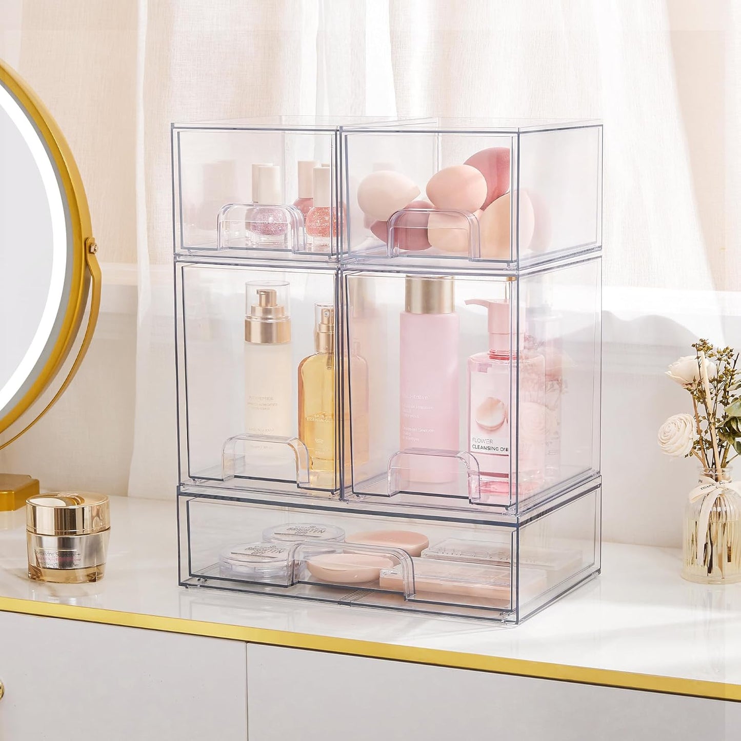 Vtopmart Stackable Storage Drawers Set of 4, Clear Plastic Organizer Bins for Bathroom