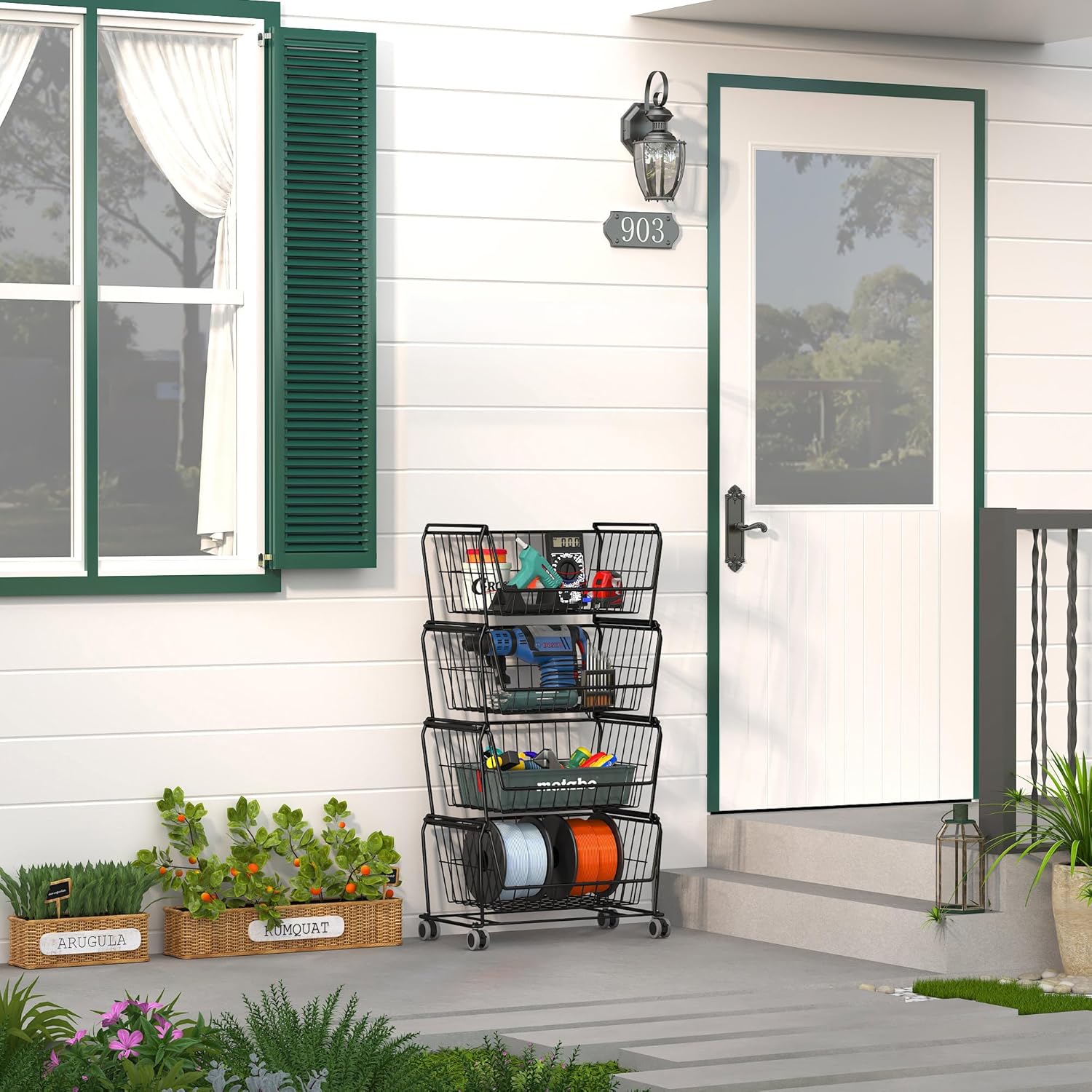 PUSDON Stackable Metal Storage Carts, Dual Use Shelf for Kitchen Fruit Vegetable Baskets with