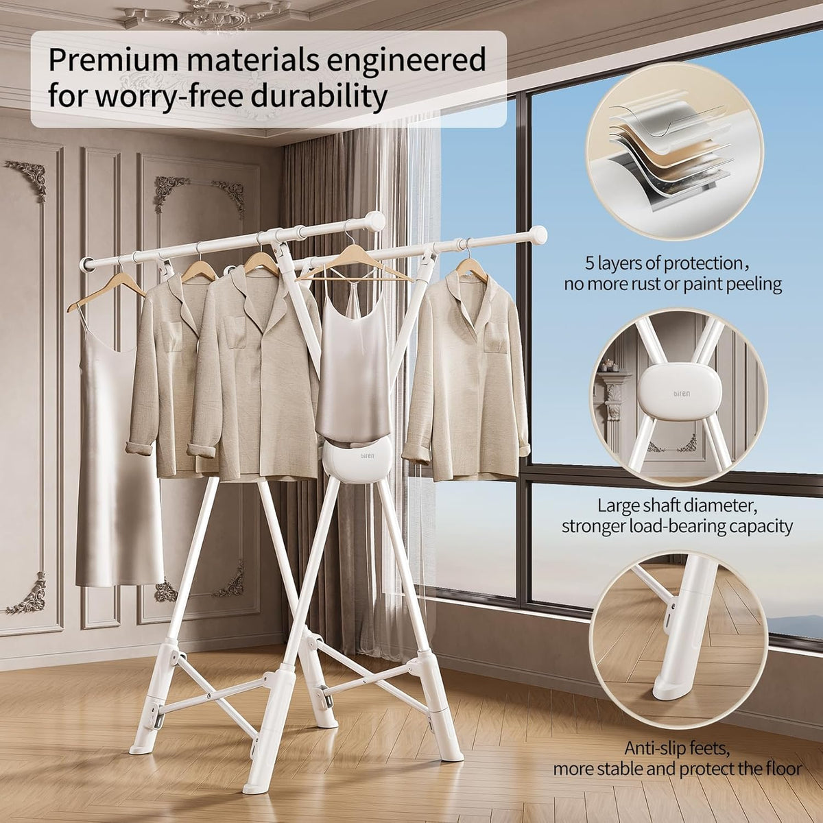 BIREN Clothes Drying Rack Heavy Duty Clothing Racks Extending Laundry Rack Two Drying Modes Garment
