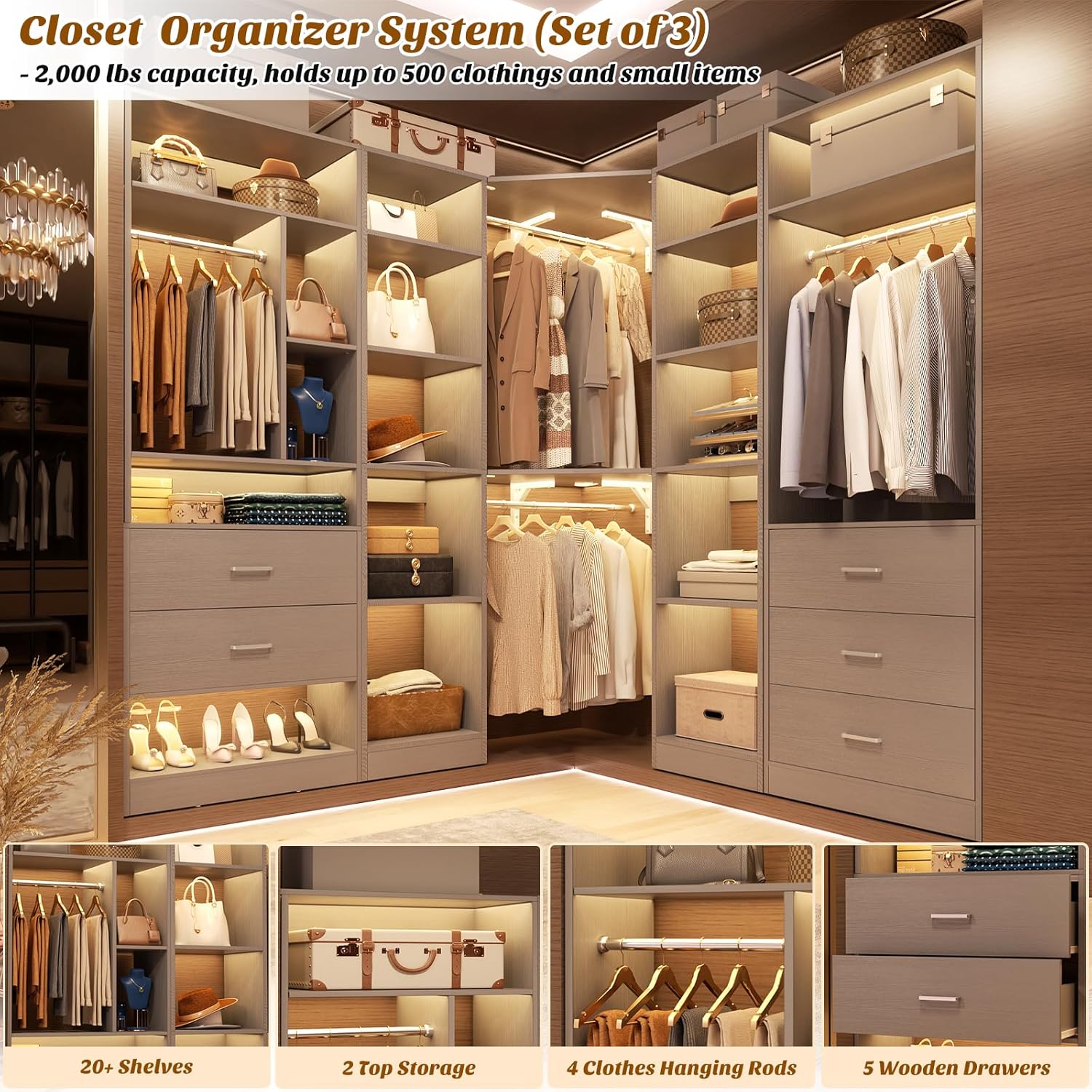 Corner Closet System with 5 Drawers, Closet Organizer System with 15+Shelvess & 4 Hanging Rods