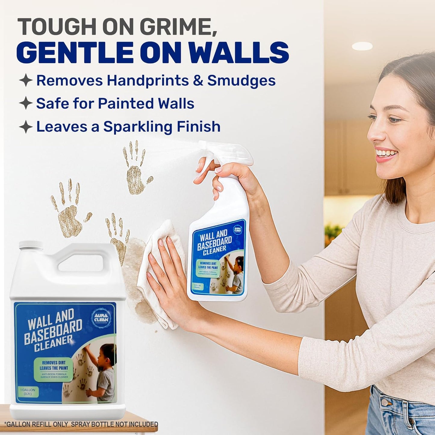 Wall & Baseboard Cleaner - Safe for Painted Walls & Trim | Eco-Friendly, No-Rinse, Kid & Pet-Safe |