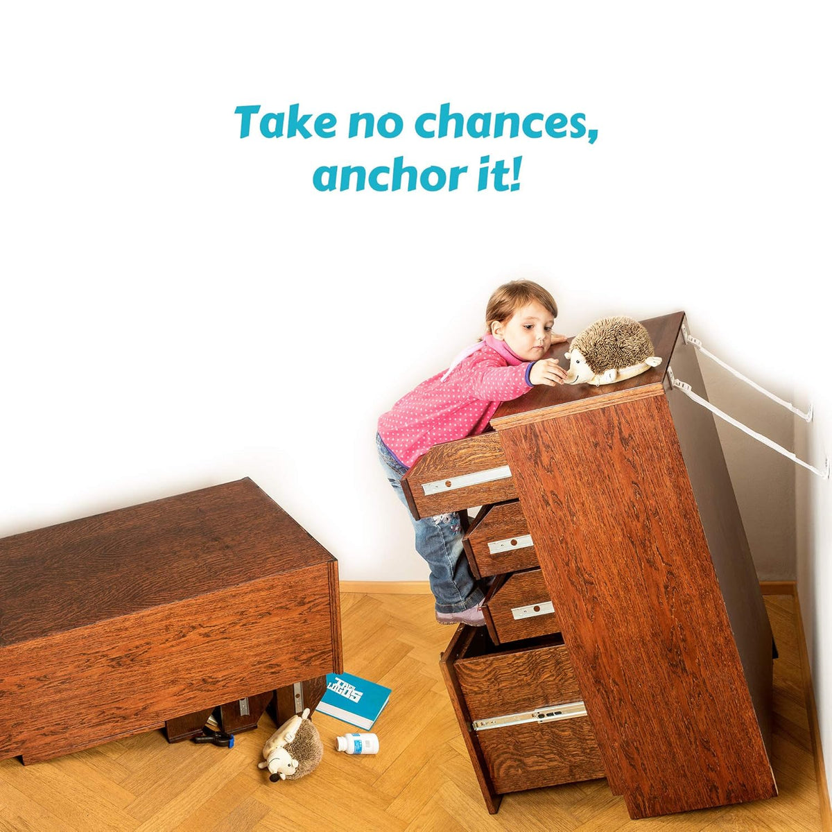 Boxiki Kids Adjustable Anti-Tip Furniture Anchors for Baby Proofing and Dresser Anchoring Kit. 8 PC