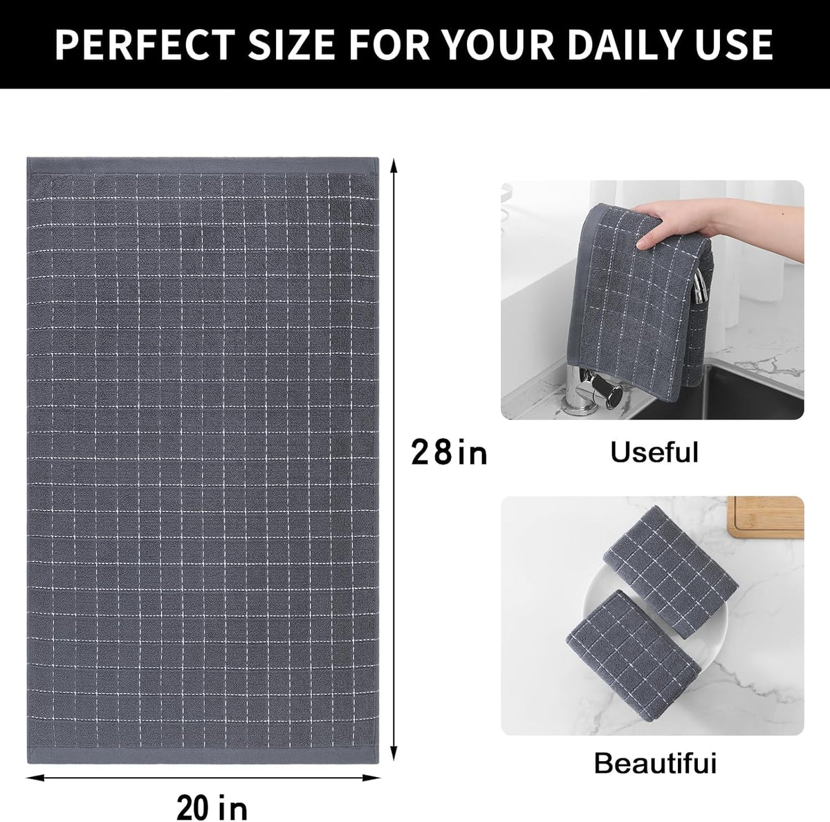 Homaxy 100% Cotton Terry Kitchen Towels(Dark Grey, 20 x 28 inches), Checkered Designed, Soft and