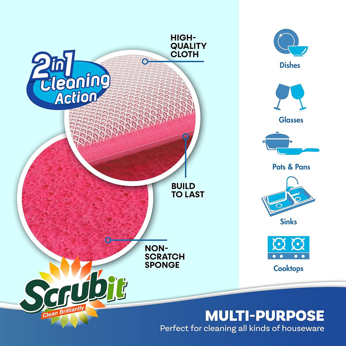 Scrub and Wipe Scrubbing Pads [10 Pack] – SCRUBIT Dual Sided Scouring Pad and Sponge - Reusable